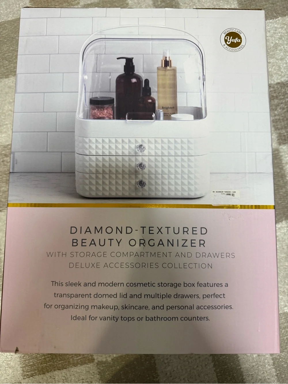 NWT Yafa White Diamond-Textured Beauty Organizer with Drawers